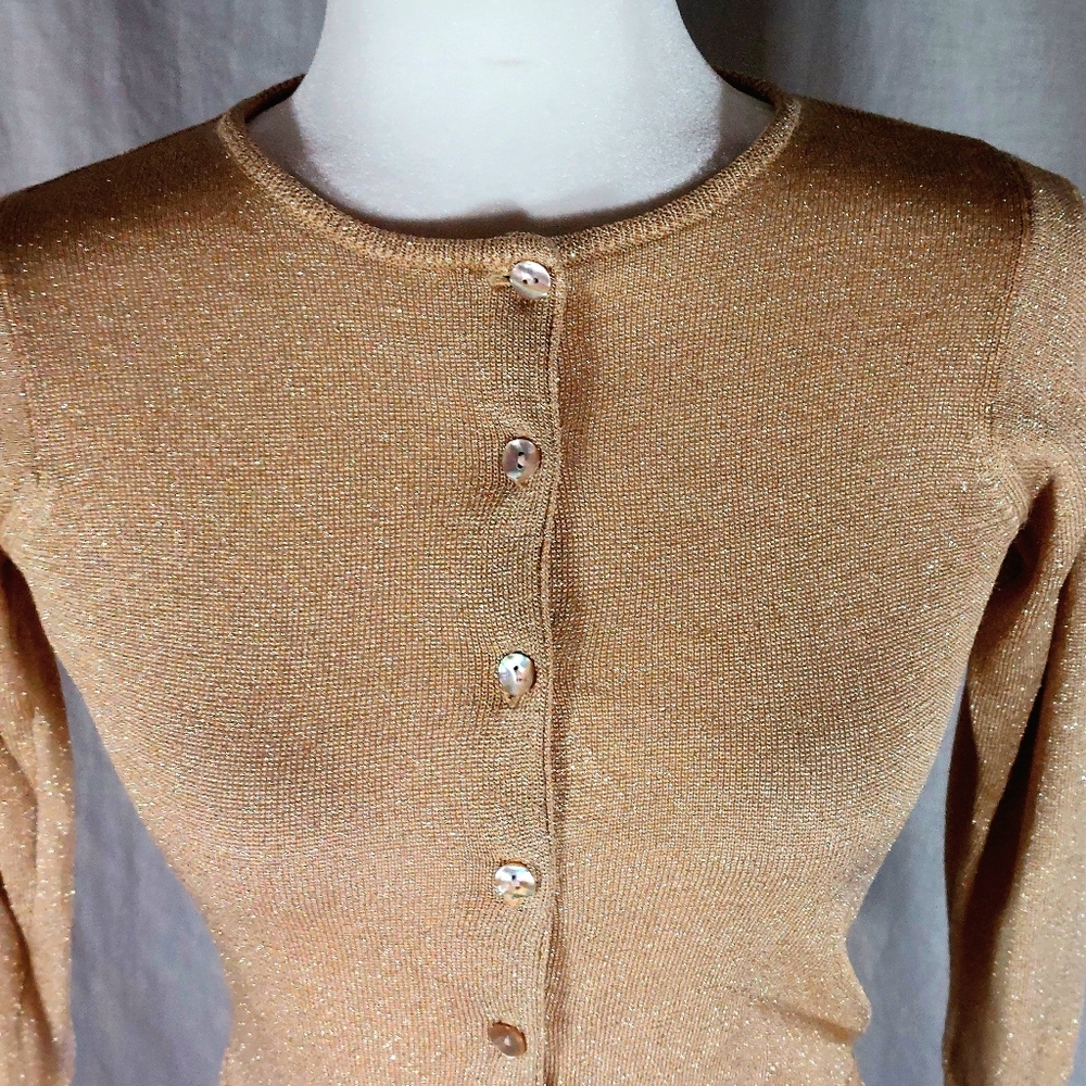 Warehouse gold lame cropped cardigan w mother of pearl buttons, 4, EUC